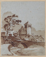 K VIII 024
<br/>
Gezicht op een stad met stadsmuur, poort en klokketoren
<br/>
<em>Grimaldi, Giovanni Francesco (1606-1680)</em>